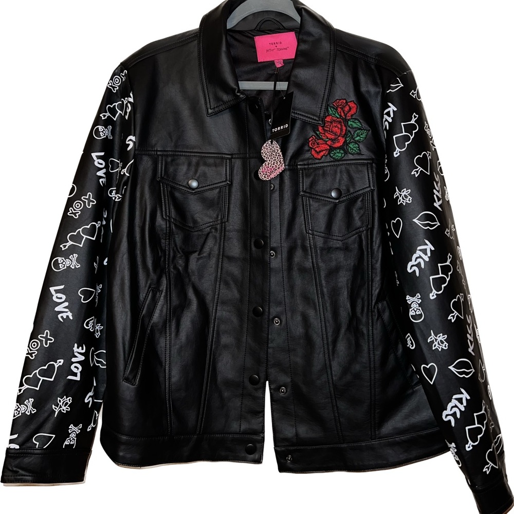 BETSEY JOHNSON EMBROIDERED TRUCKER JACKET - FAUX LEATHER